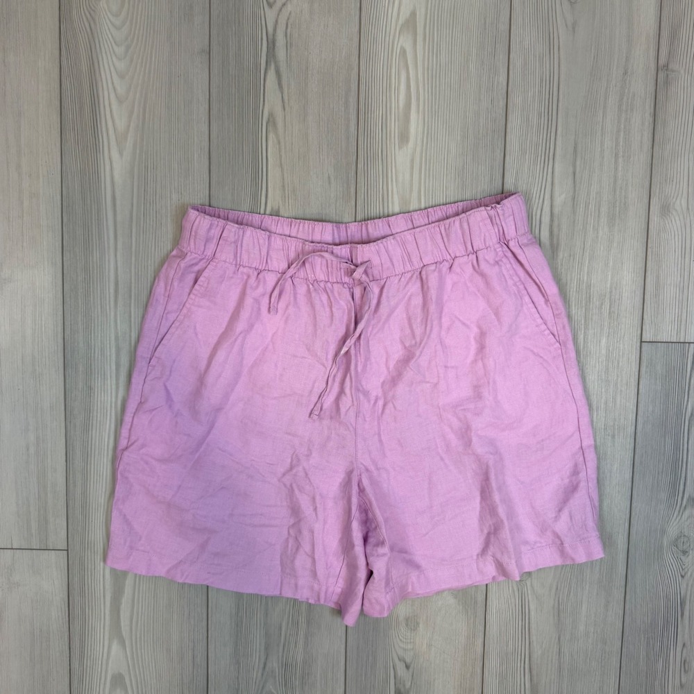 Lands End Womens High Rise 100% Linen Shorts Pink Elastic Waist Large 14-16